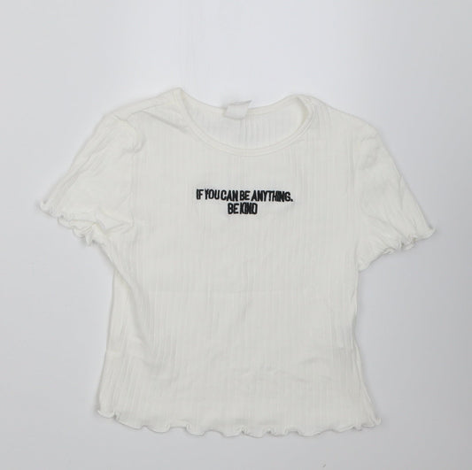 SheIn Girls White  Cotton Cropped T-Shirt Size 9 Years Crew Neck Pullover - if you can be anything be kind
