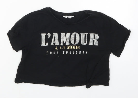 Candy Couture Girls Black  Cotton Cropped T-Shirt Size 10 Years Crew Neck Pullover - L'Amour