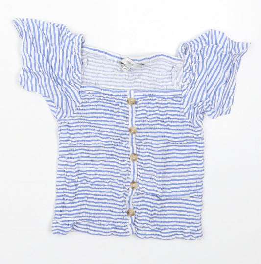 Evie Girls Blue Striped Viscose Basic Blouse Size 9-10 Years Square Neck Pullover