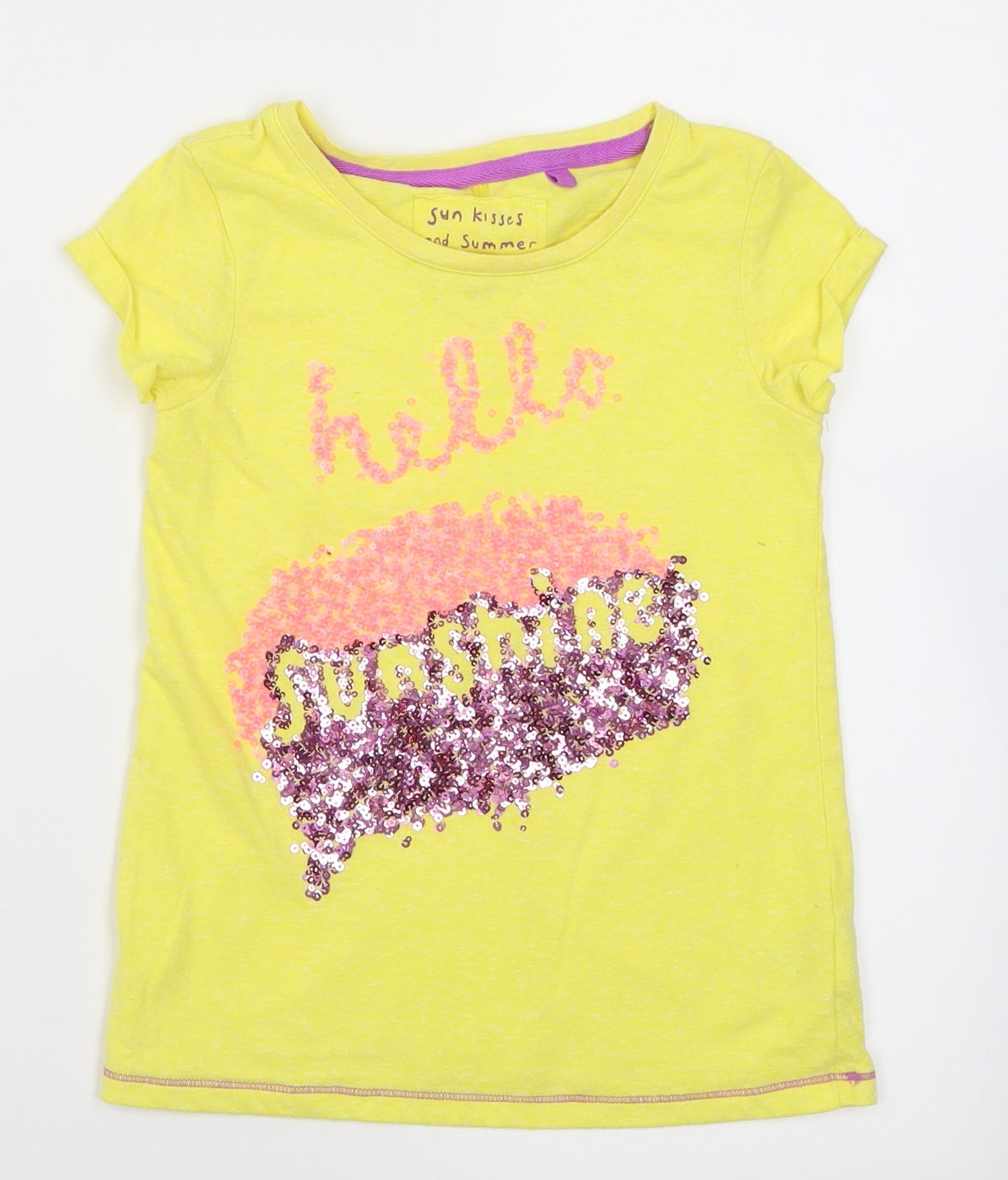 NEXT Girls Yellow  Polyester Basic T-Shirt Size 7 Years Crew Neck Pullover