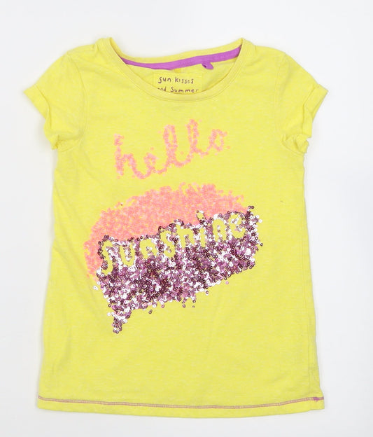 NEXT Girls Yellow  Polyester Basic T-Shirt Size 7 Years Crew Neck Pullover