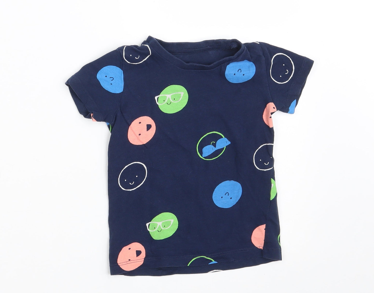Dunnes Stores Boys Blue  Cotton Basic T-Shirt Size 12-18 Months Round Neck  - Smiley Faces