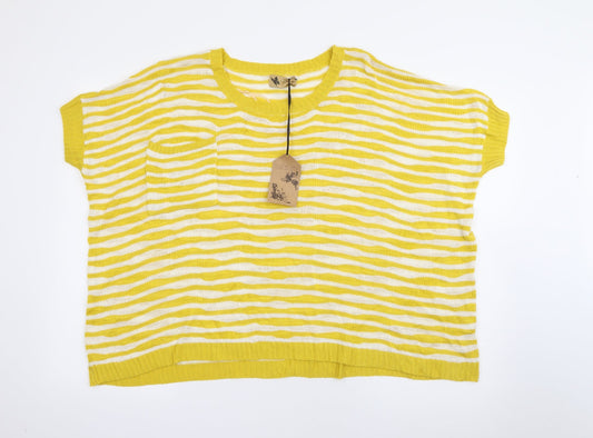 Katsumi Womens Yellow Crew Neck Striped Acrylic Pullover Jumper Size M