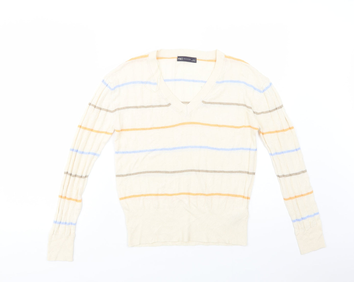 Marks and Spencer Womens Ivory V-Neck Striped Viscose Pullover Jumper Size S