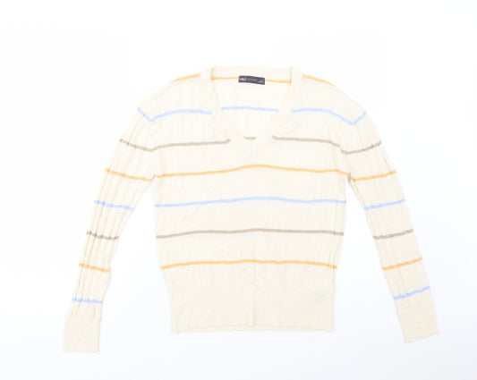 Marks and Spencer Womens Ivory V-Neck Striped Viscose Pullover Jumper Size S
