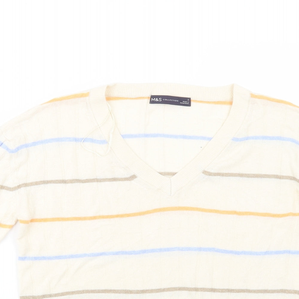 Marks and Spencer Womens Ivory V-Neck Striped Viscose Pullover Jumper Size S