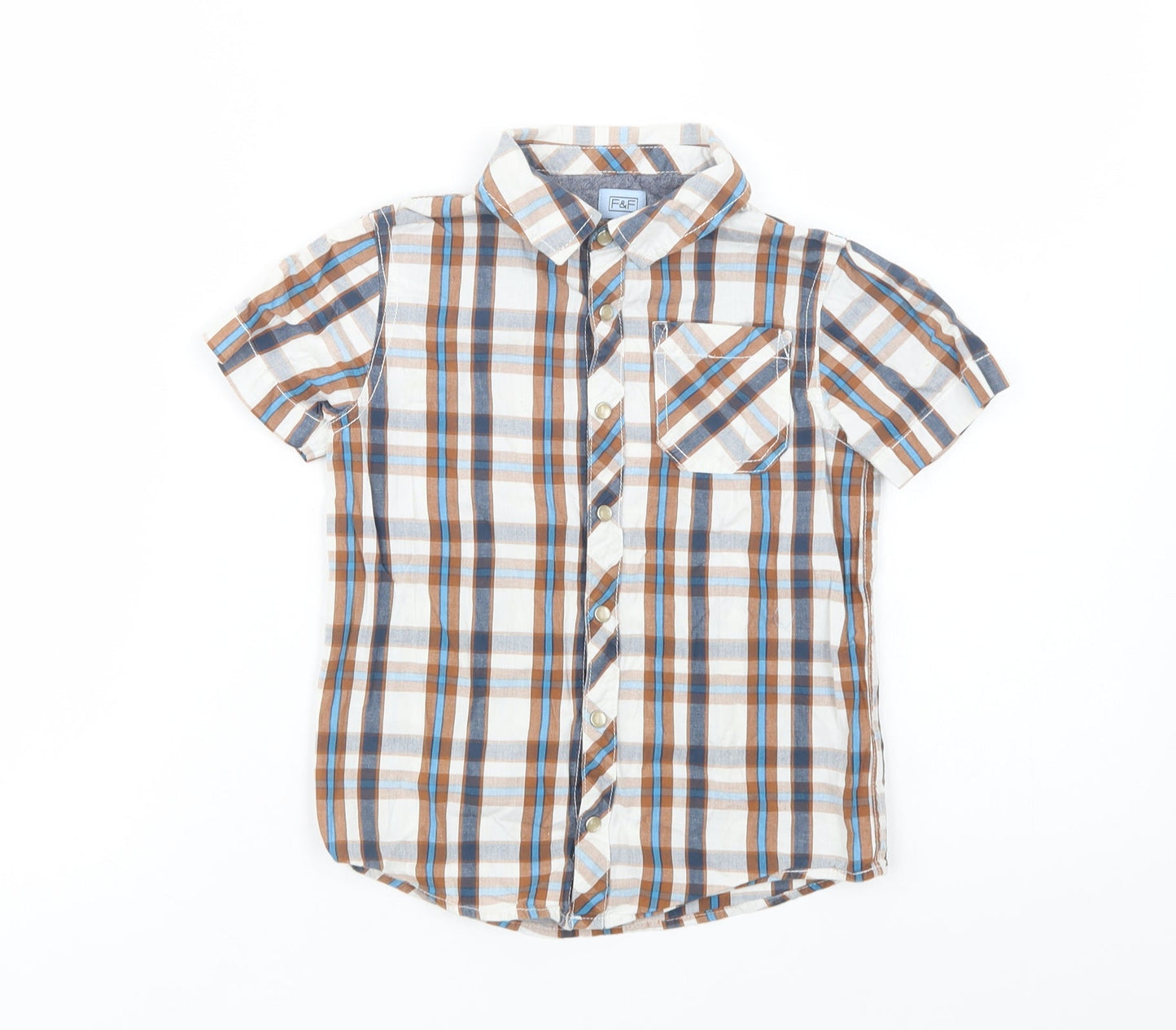 F&F Boys Brown Plaid Cotton Basic Button-Up Size 5-6 Years Collared Snap