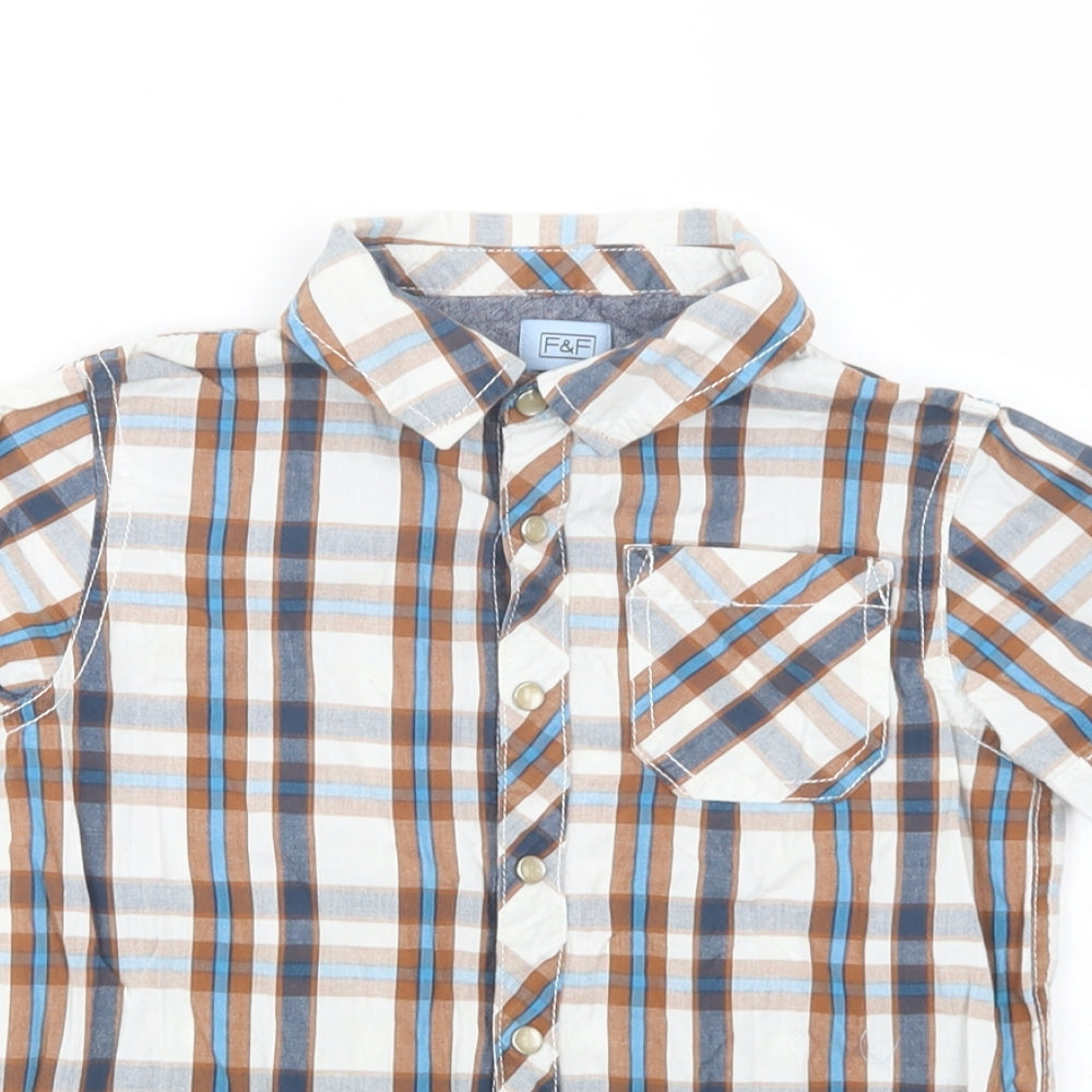 F&F Boys Brown Plaid Cotton Basic Button-Up Size 5-6 Years Collared Snap