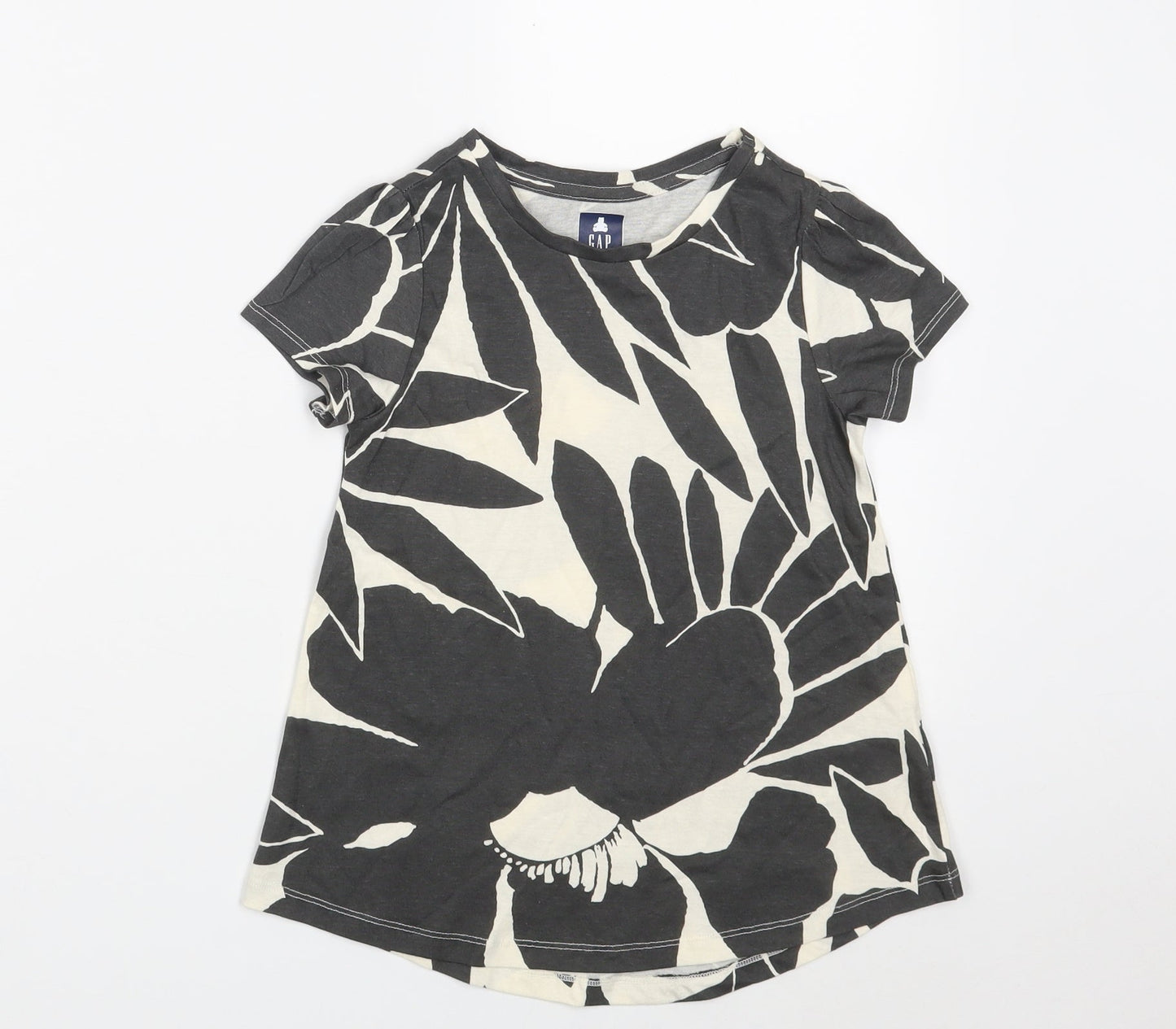 Gap Girls Grey Floral 100% Cotton Basic T-Shirt Size 5 Years Round Neck
