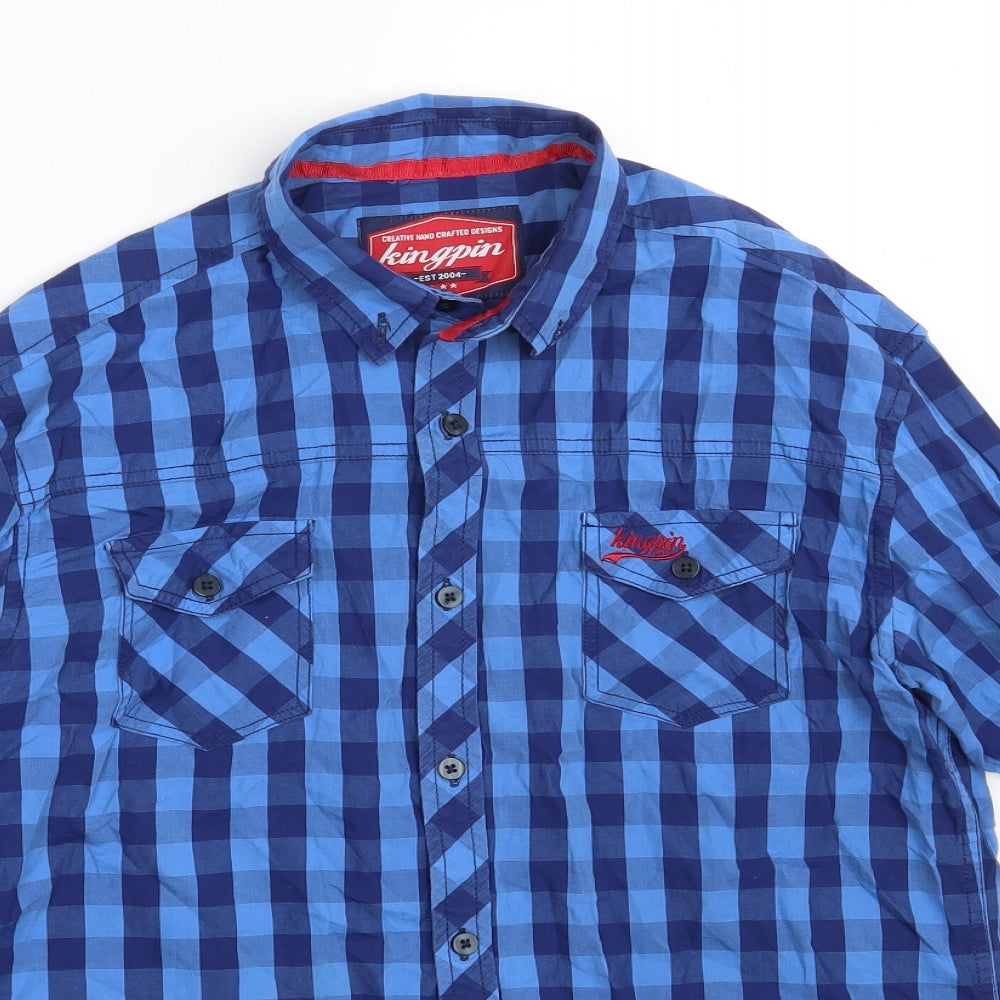 KINGPIN Mens Blue Check Cotton  Button-Up Size S Collared Button