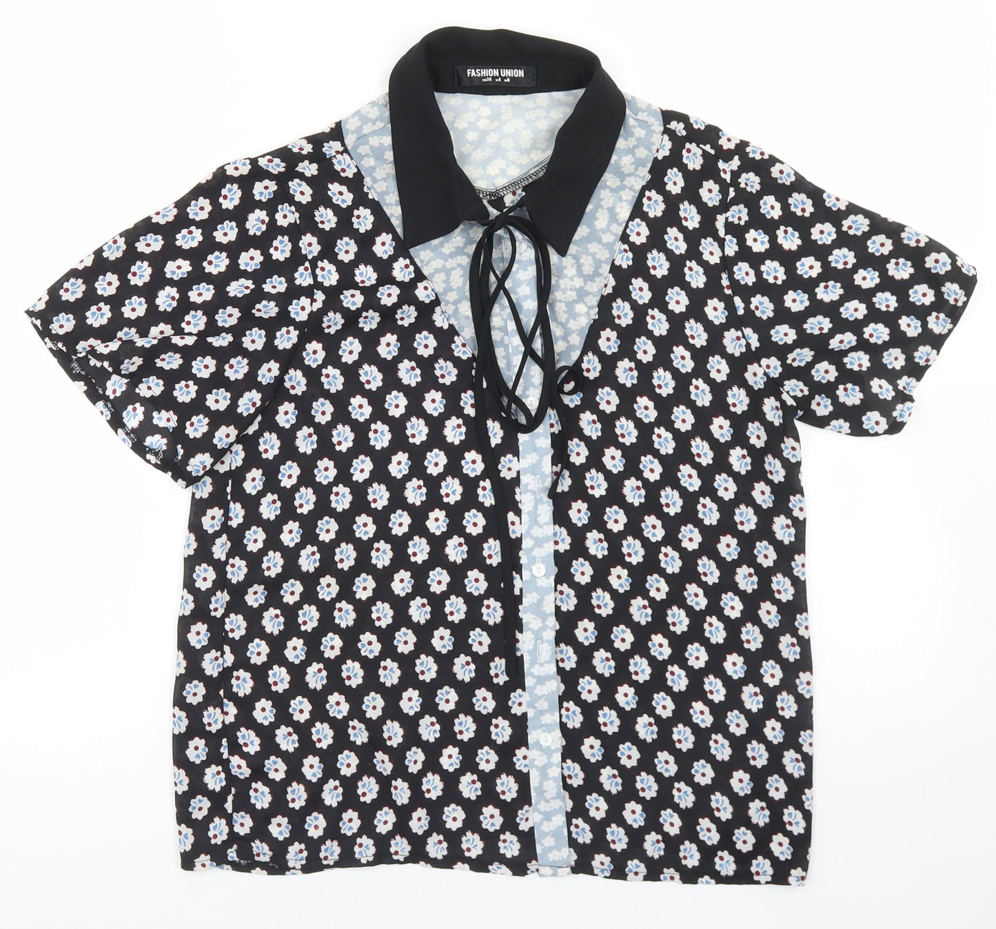 Fashion Union Womens Black Floral Polyester Basic Blouse Size 8 Collared