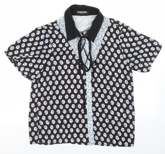 Fashion Union Womens Black Floral Polyester Basic Blouse Size 8 Collared