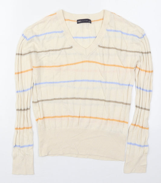 Marks and Spencer Womens Ivory V-Neck Striped Viscose Pullover Jumper Size S