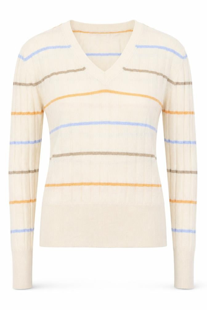 Marks and Spencer Womens Ivory V-Neck Striped Viscose Pullover Jumper Size S