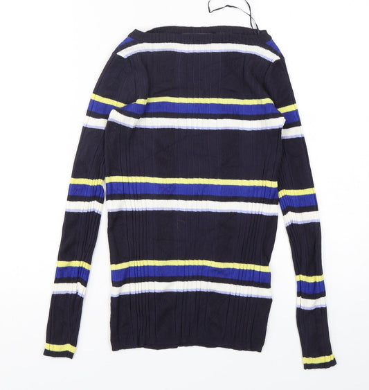 Marks and Spencer Womens Blue Boat Neck Striped Viscose Pullover Jumper Size 10