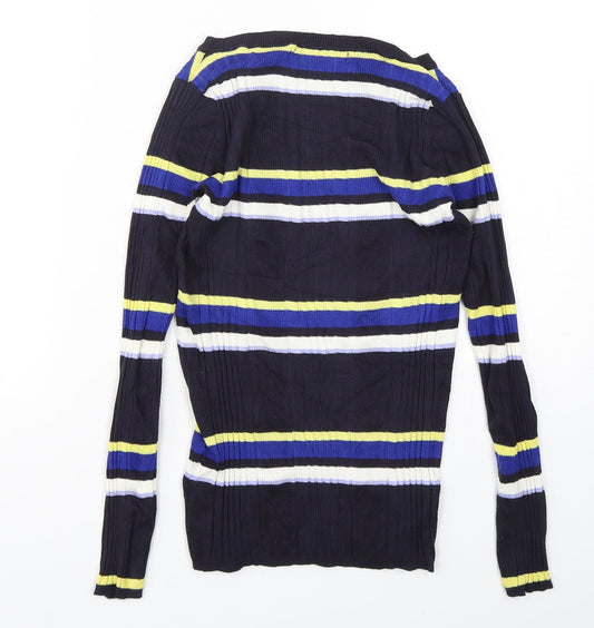 Marks and Spencer Womens Blue Boat Neck Striped Viscose Pullover Jumper Size 10