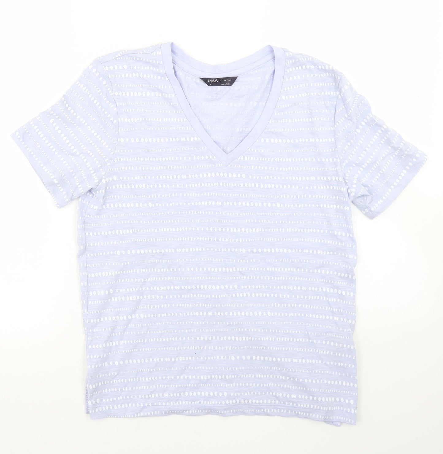 Marks and Spencer Womens Purple Polka Dot Cotton Basic T-Shirt Size 6 V-Neck