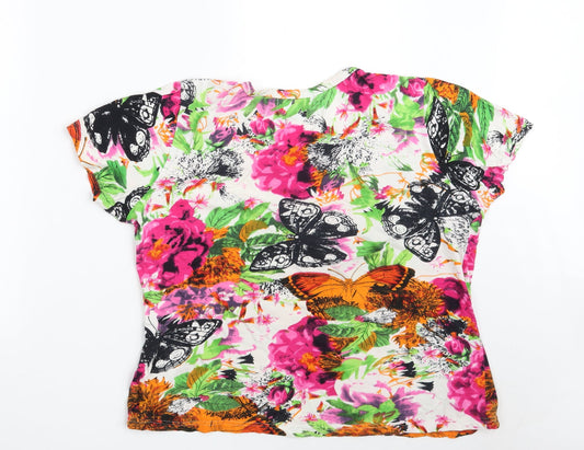 Mudflower Womens Multicoloured Floral 100% Cotton Basic T-Shirt Size M Scoop Neck - Size M-L