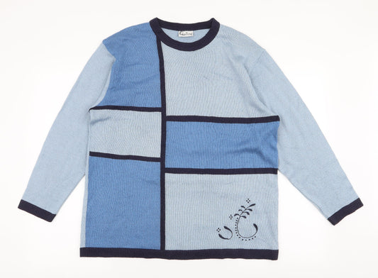 Quime Womens Blue Round Neck Striped Wool Pullover Jumper Size 16