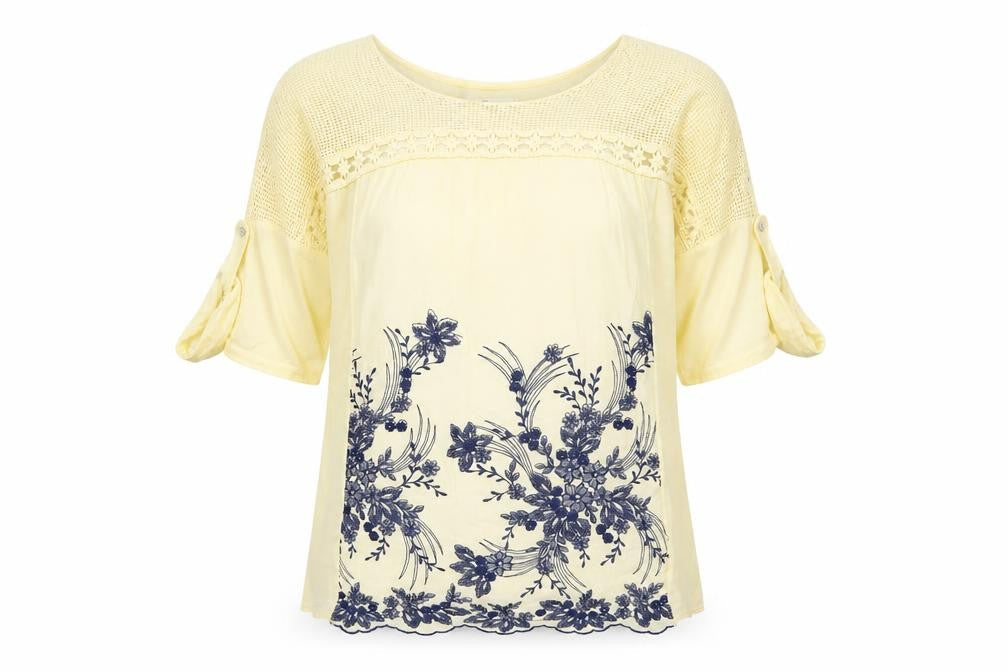 Gerard  Womens Yellow Floral 100% Cotton Jersey Blouse Size S Round Neck