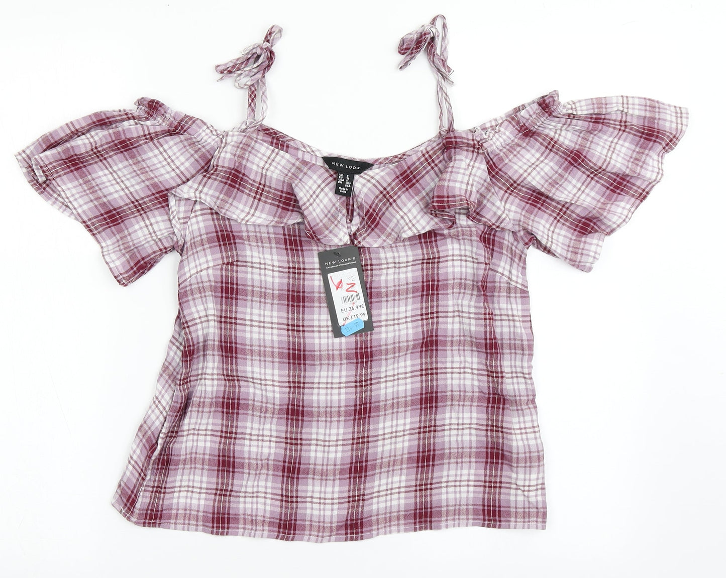 New Look Womens Purple Check Viscose Basic Blouse Size 8 Off the Shoulder