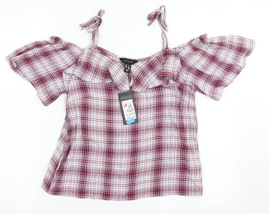 New Look Womens Purple Check Viscose Basic Blouse Size 8 Off the Shoulder