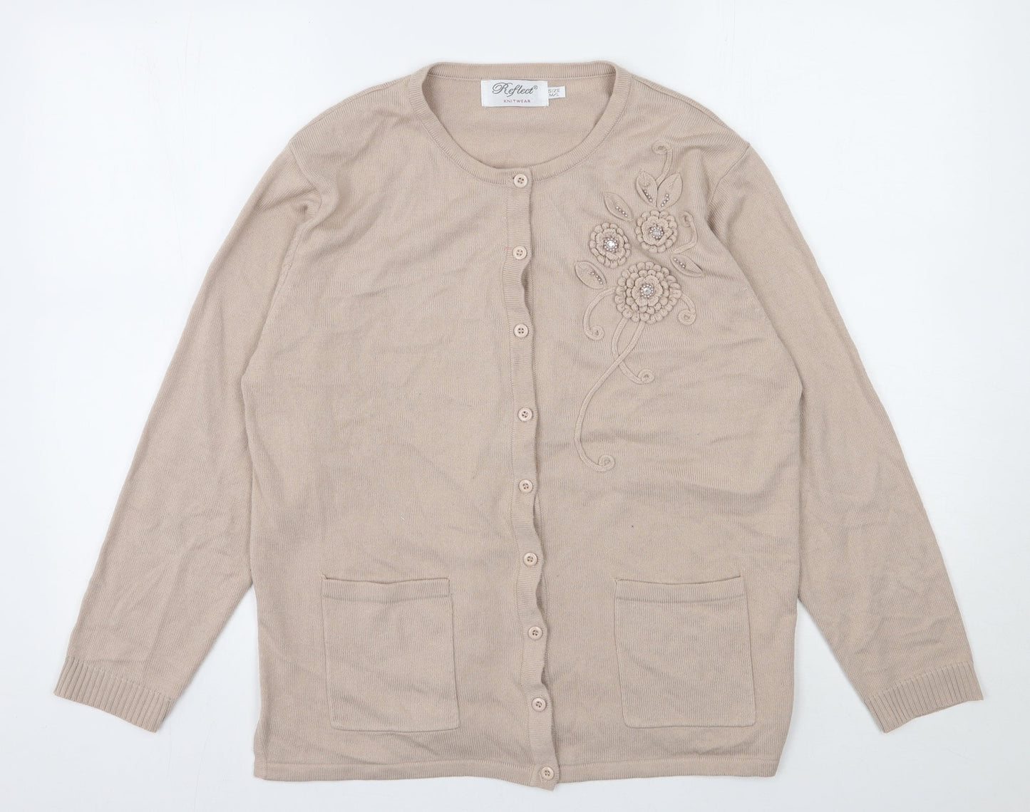 Reflect Womens Beige Round Neck  Acrylic Cardigan Jumper Size M