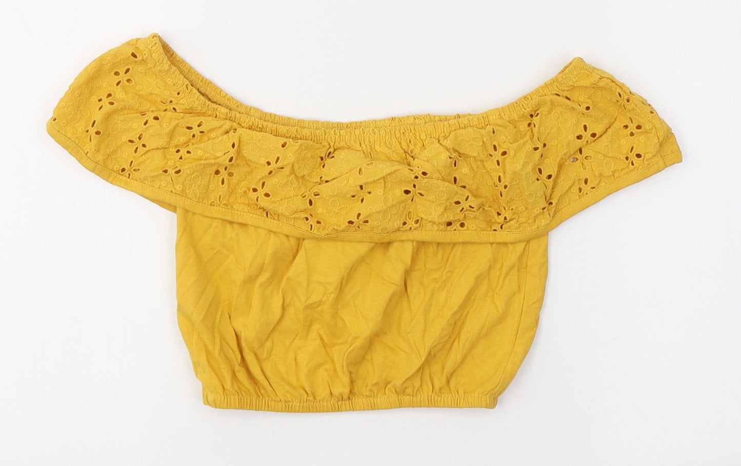 Primark Girls Yellow  Cotton Cropped T-Shirt Size 7-8 Years Off the Shoulder Pullover