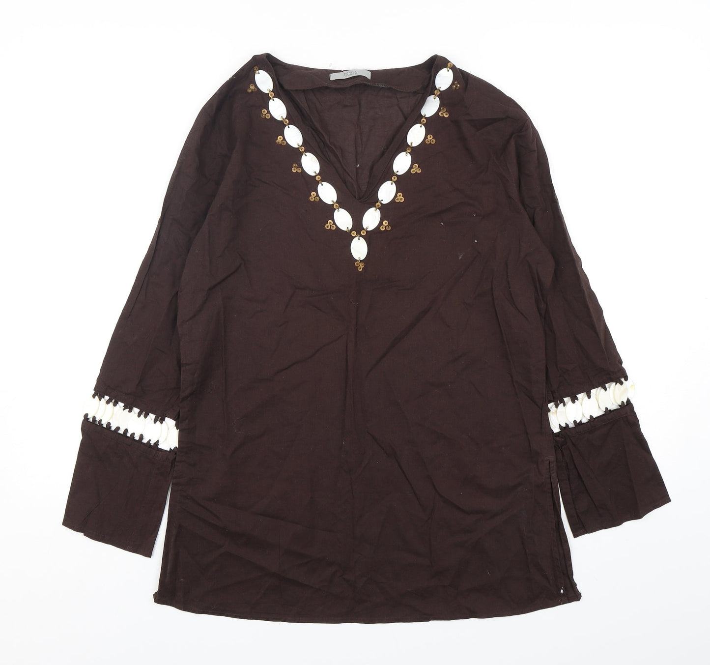 Marks and Spencer Womens Brown  Cotton Basic Blouse Size 12 V-Neck