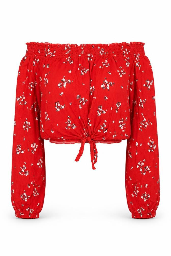 H&M Womens Red Floral Viscose Cropped T-Shirt Size 8 Off the Shoulder