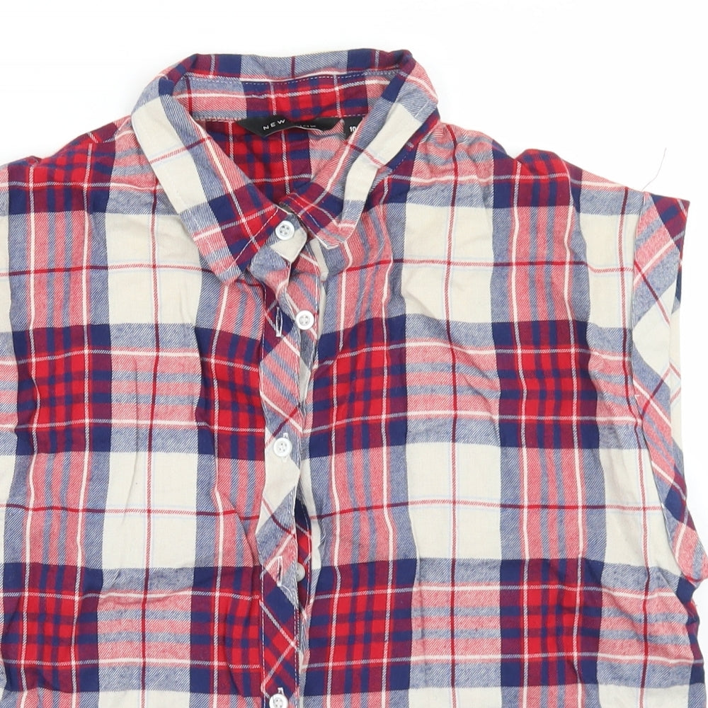 New Look Womens Red Plaid Cotton Basic Button-Up Size 10 Collared
