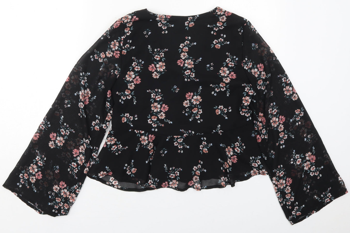 H&M Womens Black Floral Polyester Basic Blouse Size 6 V-Neck