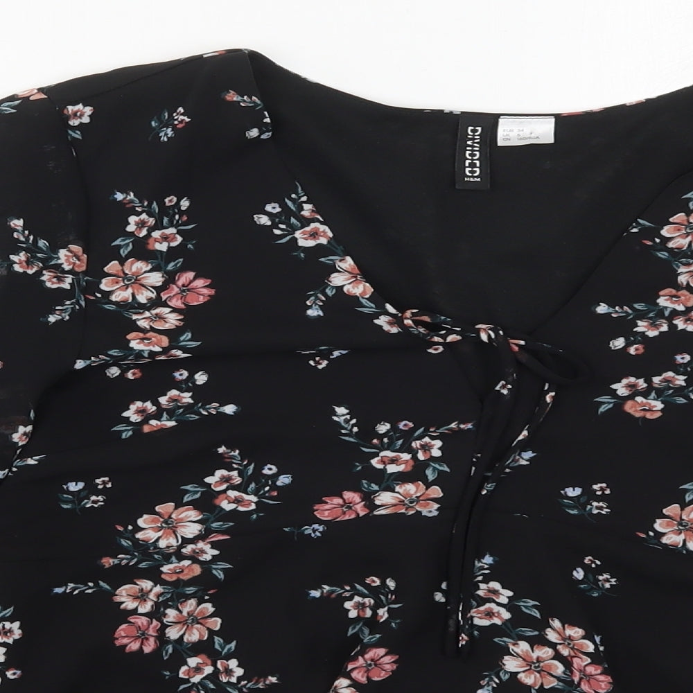H&M Womens Black Floral Polyester Basic Blouse Size 6 V-Neck