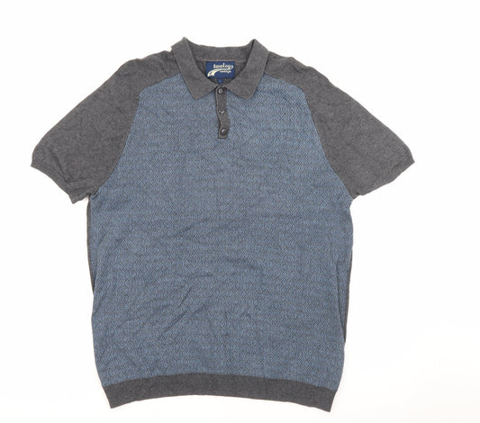 Twolegs Mens Blue  Cotton  Polo Size L Collared Button