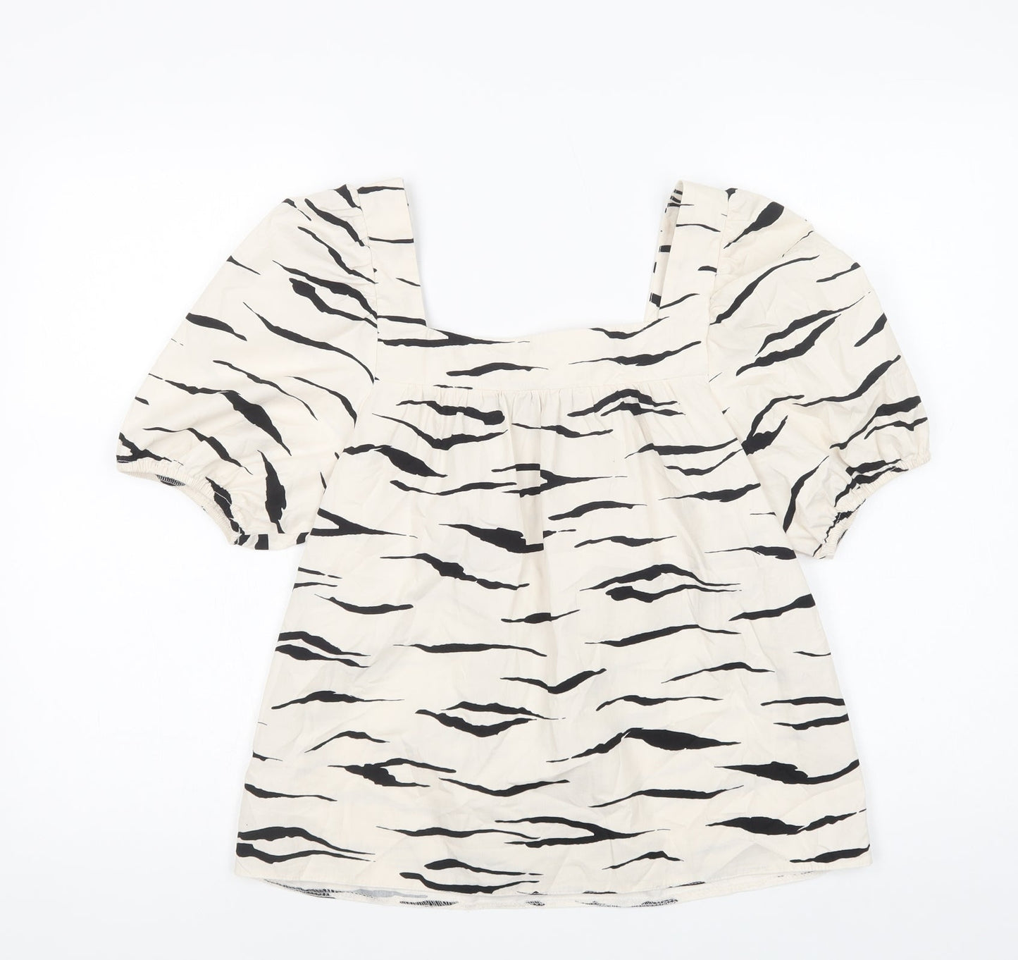 New Look Womens Ivory Animal Print Cotton Basic Blouse Size 10 Square Neck