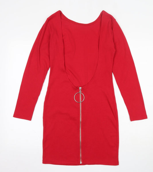 Missguided Womens Red  Cotton Skater Dress  Size 10  Round Neck Zip