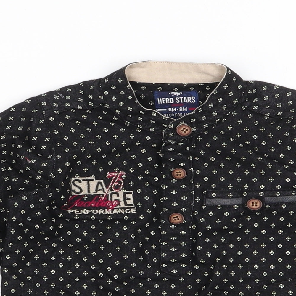Hero Stars  Boys Black Geometric Cotton Basic Button-Up Size 6-9 Months High Neck Button