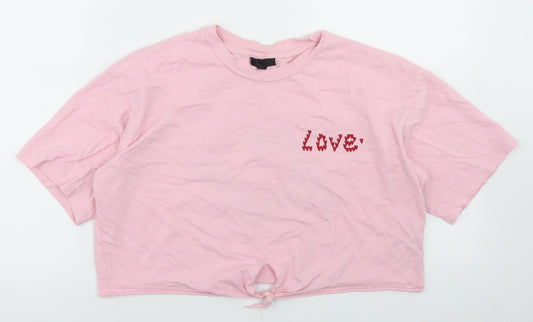 Topshop Womens Pink  Cotton Cropped T-Shirt  Crew Neck - Tie Front