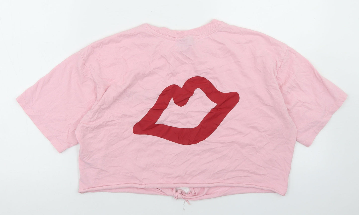 Topshop Womens Pink  Cotton Cropped T-Shirt  Crew Neck - Tie Front