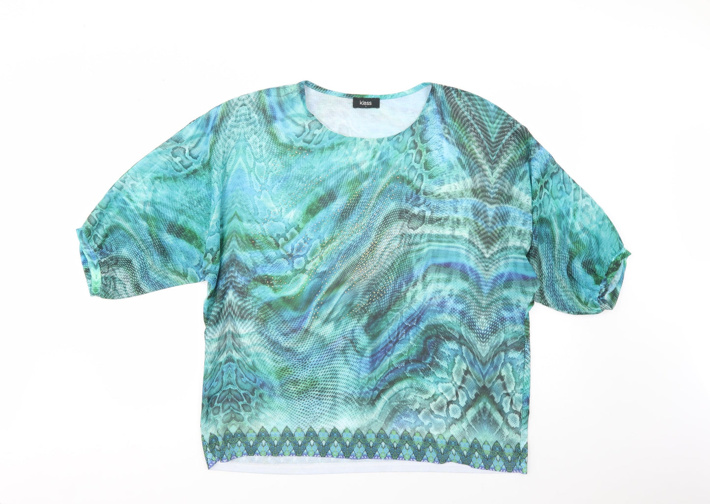 Klass Womens Green Animal Print Polyester Basic Blouse Size L Crew Neck