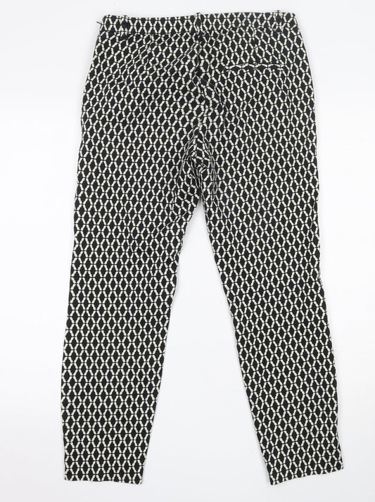 H&M Womens Black Geometric Cotton Trousers  Size 10 L25 in Regular Button
