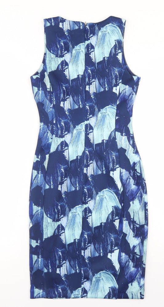 H&M Womens Blue Geometric Polyester Bodycon  Size XS  Round Neck Zip
