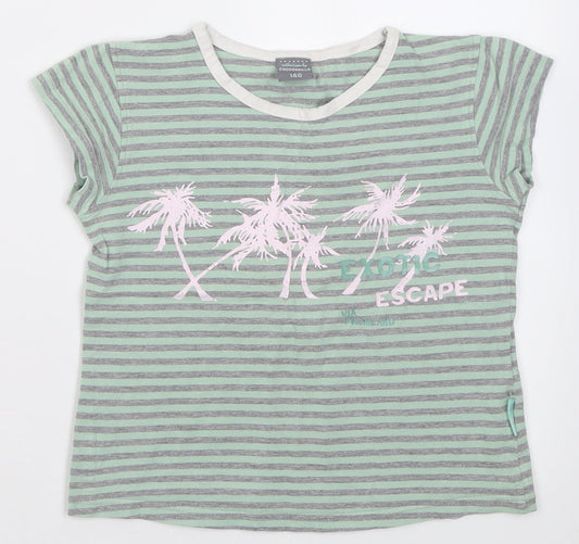 Cocco Drillo Girls Green Striped Cotton Basic T-Shirt Size 10 Years Crew Neck Pullover