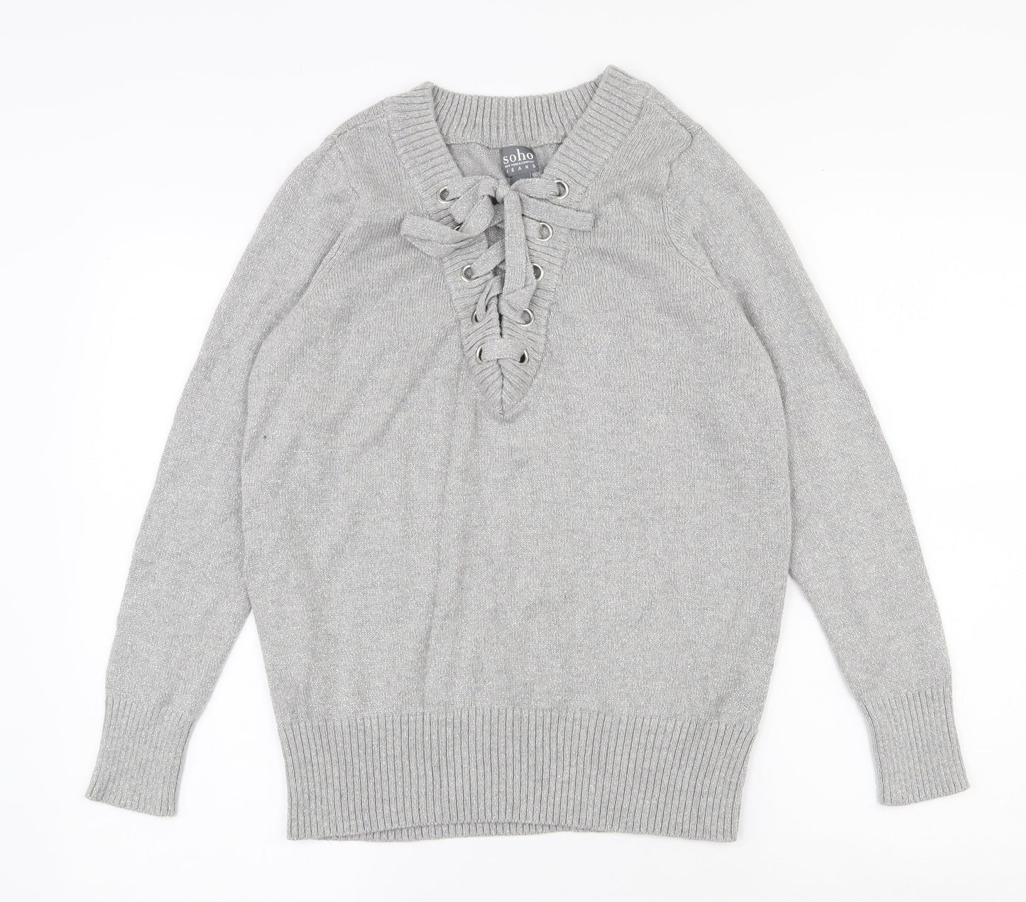 SOHO Womens Grey V-Neck  Cotton Pullover Jumper Size 10