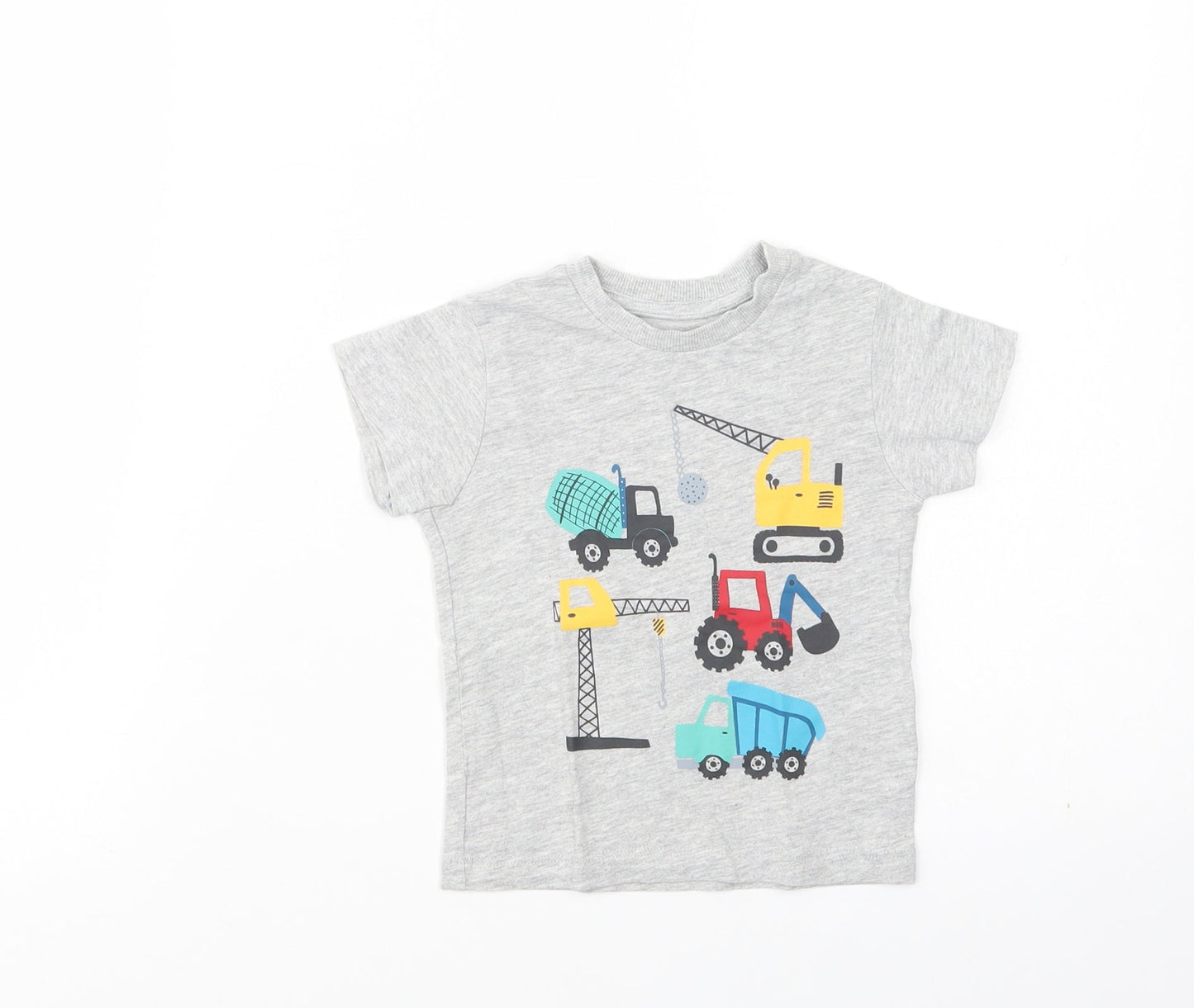 Matalan  Grey  Cotton Basic T-Shirt Size 12-18 Months Crew Neck Pullover - Diggers