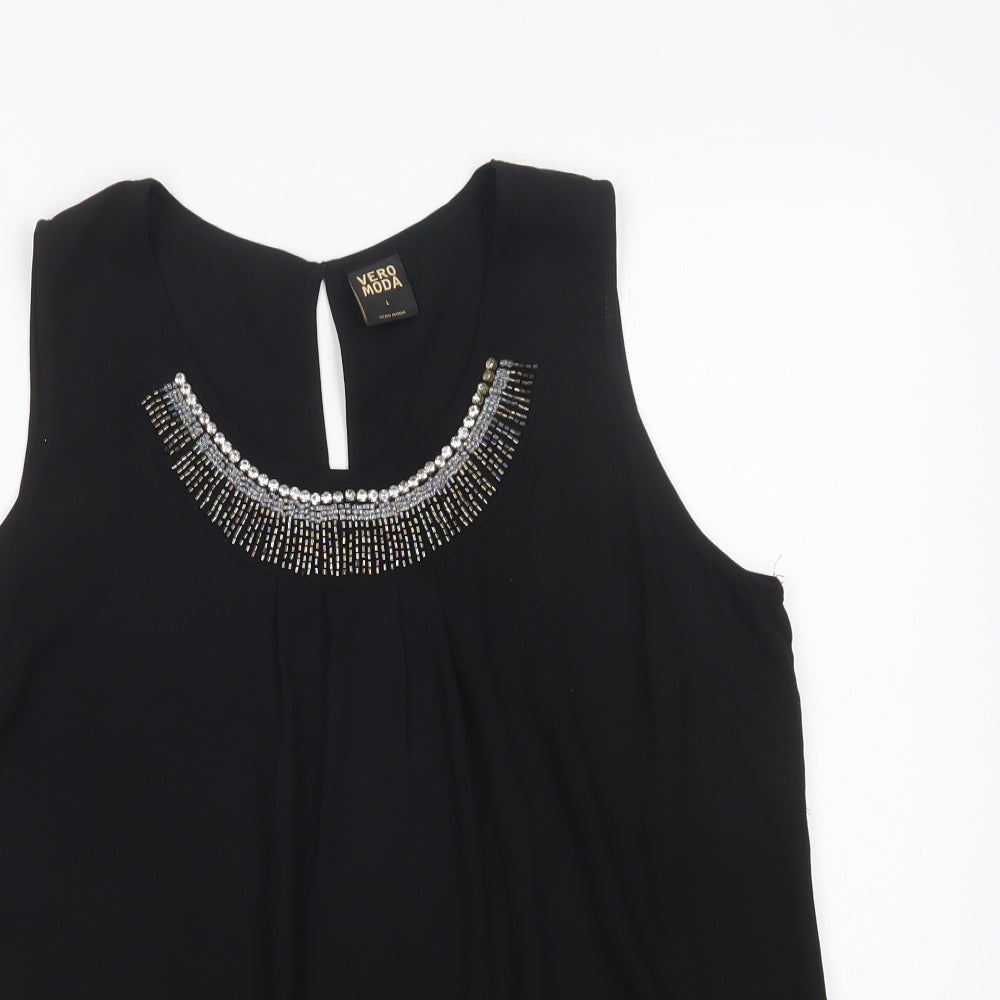 VERO MODA Womens Black  Polyester Basic Blouse Size L Scoop Neck - Embellished Neckline