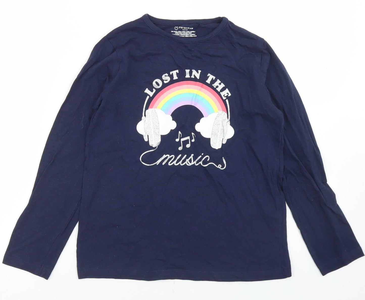Primark Girls Blue  Cotton Basic T-Shirt Size 9-10 Years Crew Neck  - Rainbow