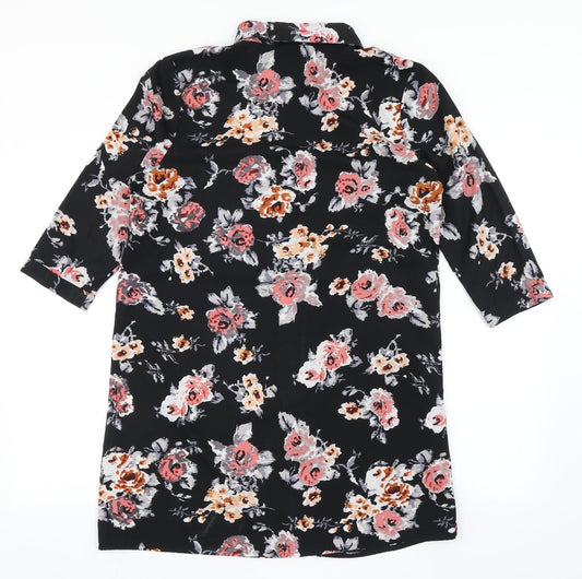 Chemistry Womens Black Floral Polyester Basic Button-Up Size 14 Collared