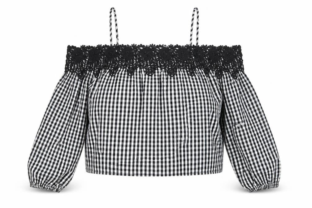 New Look Womens Black Check Cotton Cropped Blouse Size 8 Off the Shoulder - Lace Trim