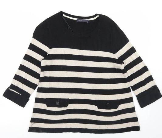 Marks and Spencer Womens Black Round Neck Striped Polyamide Pullover Jumper Size 14